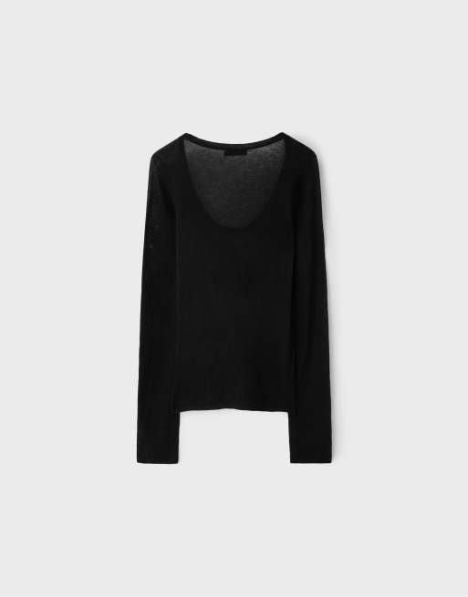 Stradivarius Basic wool and silk round neck jumper in black, 7 of 7