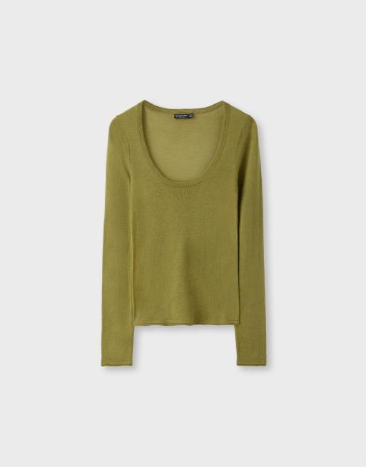 Stradivarius Basic wool and silk round neck jumper in olive green, 6 of 7