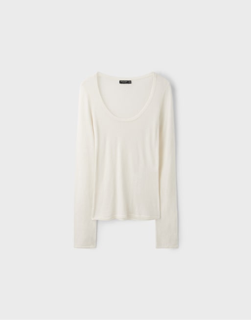 Stradivarius Basic wool and silk round neck jumper in vanilla, 6 of 7