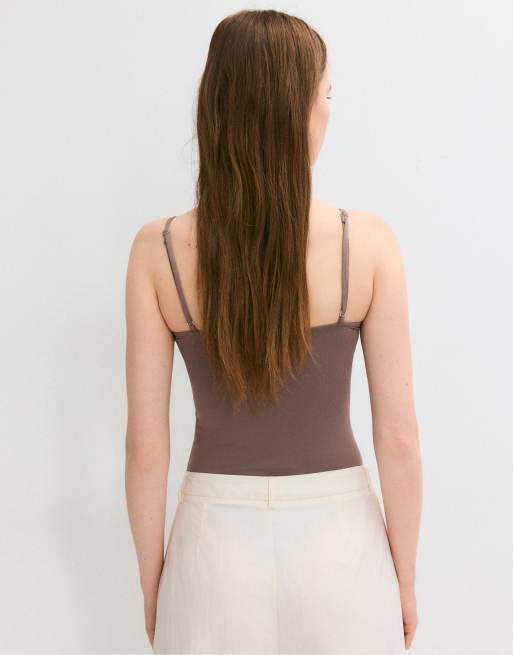 Stradivarius Basics bodysuit with straps in brown, 4 of 4