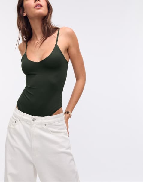 Stradivarius Basics bodysuit with straps in green - view 1