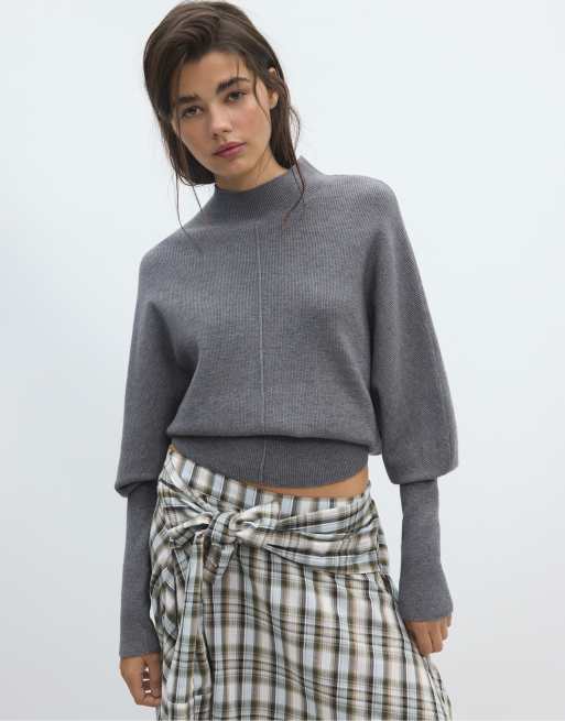 Stradivarius Batwing sleeve mock neck knit sweater in dark grey, 2 of 7