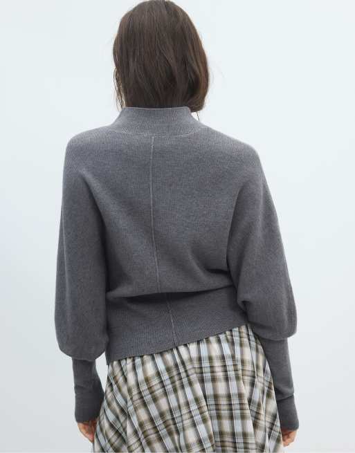 Stradivarius Batwing sleeve mock neck knit sweater in dark grey, 3 of 7