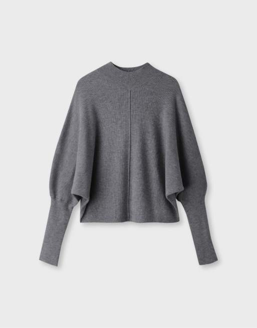 Stradivarius Batwing sleeve mock neck knit sweater in dark grey, 6 of 7