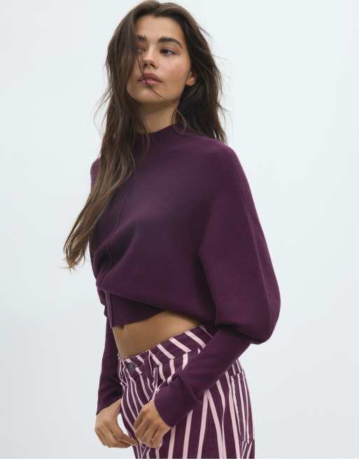 Stradivarius Batwing sleeve mock neck knit sweater in dark purple, 2 of 7