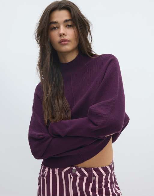 Stradivarius Batwing sleeve mock neck knit sweater in dark purple, 5 of 7