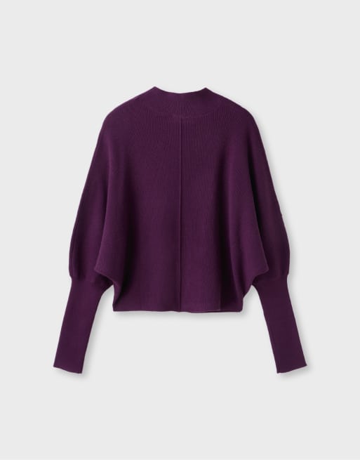 Stradivarius Batwing sleeve mock neck knit sweater in dark purple, 7 of 7