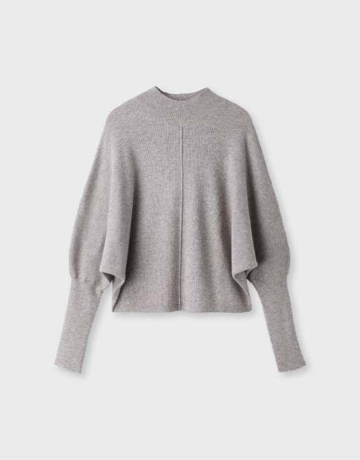 Stradivarius Batwing sleeve mock neck knit sweater in grey, 4 of 5
