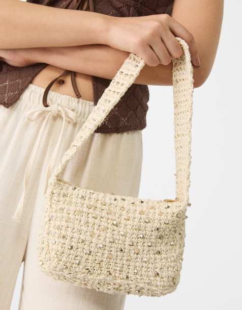 Stradivarius beaded crochet shoulder bag in ecru - view 1