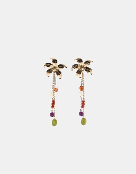 Stradivarius Beaded flower earrings in gold - view 1