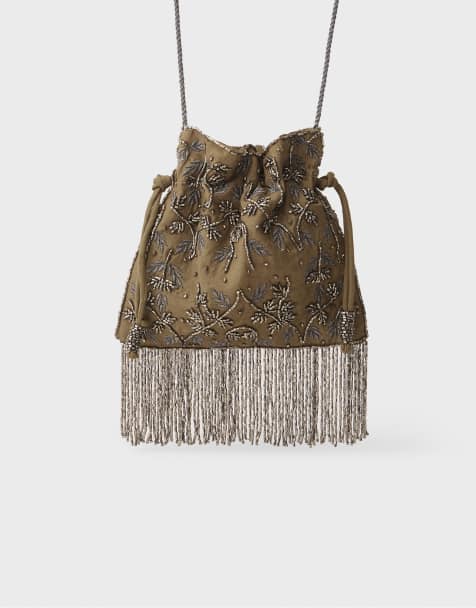 Stradivarius Beaded fringed crossbody bag in khaki - view 1