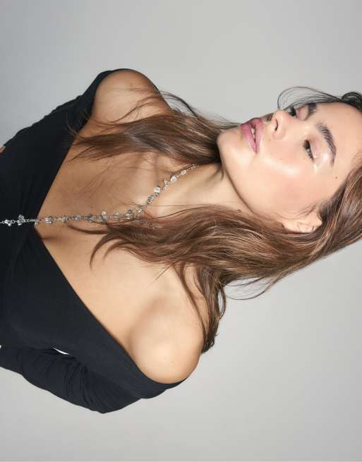 Stradivarius Beaded lariat necklace in grey, 3 of 4