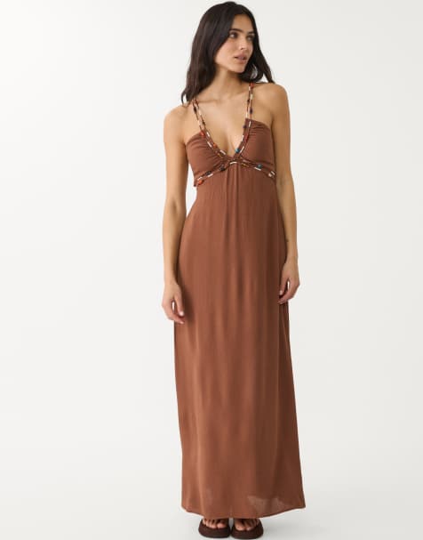 Stradivarius beaded maxi dress in brown  - view 1