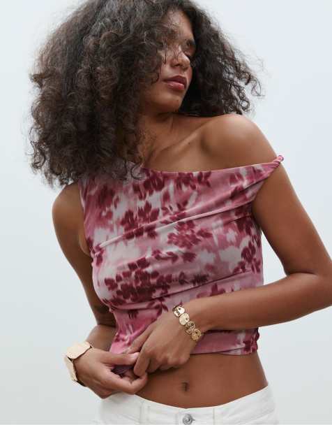 Stradivarius – Bedrucktes, asymmetrisches T-Shirt aus Tüll in Rosa - view 1