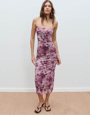 Stradivarius - Bedrucktes Midikleid aus Tüll in Rosa