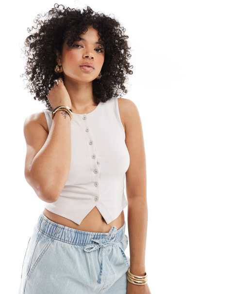 Stradivarius – Beige, ärmlös topp med knäppning - view 1