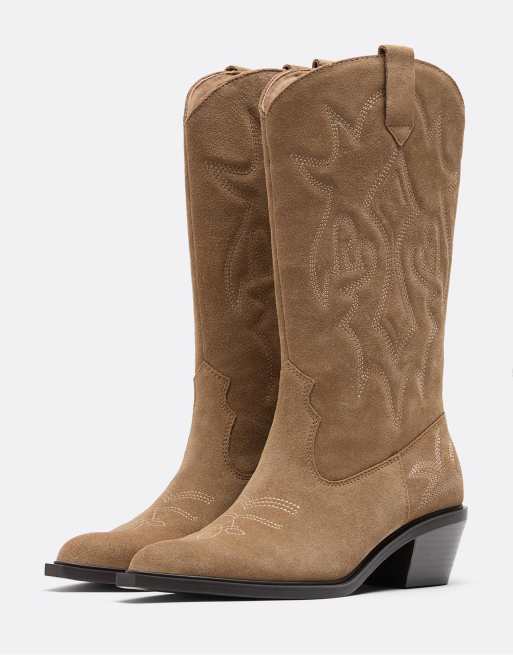 Stradivarius – Beige boots i cowboystil av läder, 2 av 4