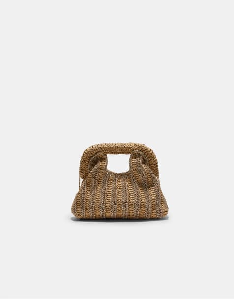 Stradivarius - Beige bucket-taske i metallisk raffia - view 1