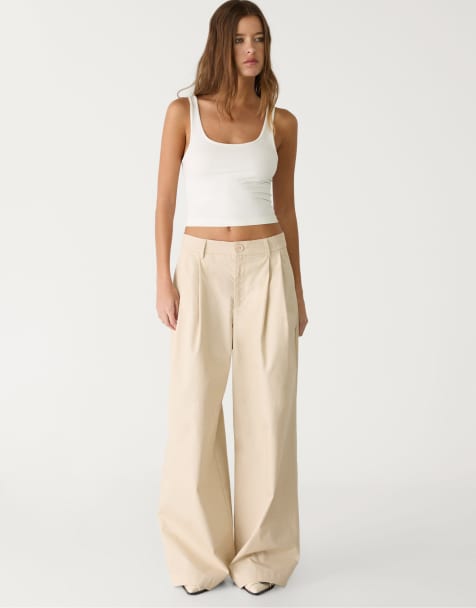 Stradivarius – Beige byxor i poplin med vida ben och veck - view 1