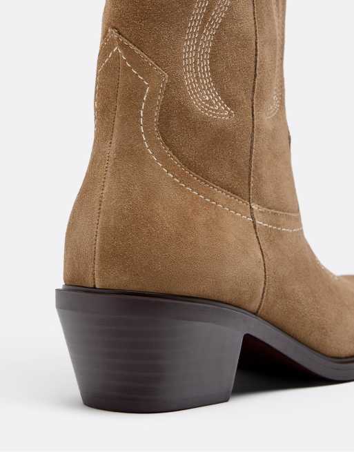 Stradivarius – Beige cowboyboots i läder med klack, 3 av 6