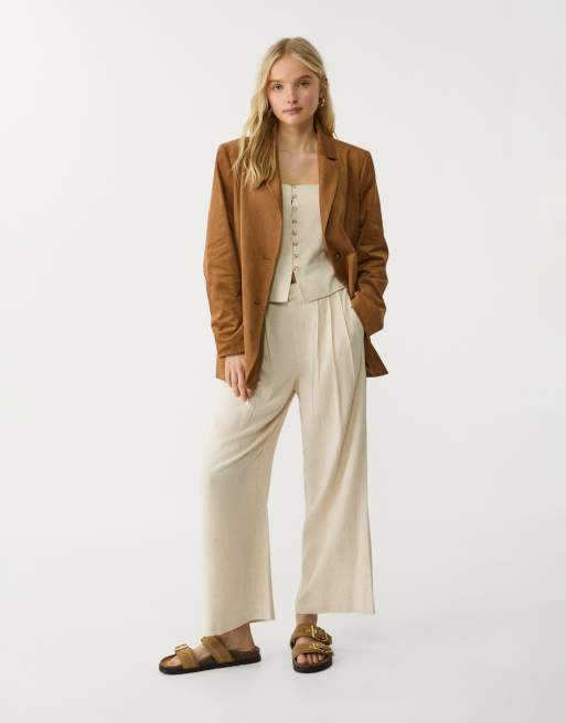 Stradivarius – Beige culotte-byxor i linnemix med veck