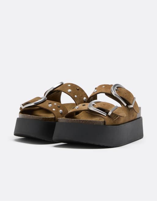 Stradivarius – Beige flatform-sandaler i läder, 3 av 4