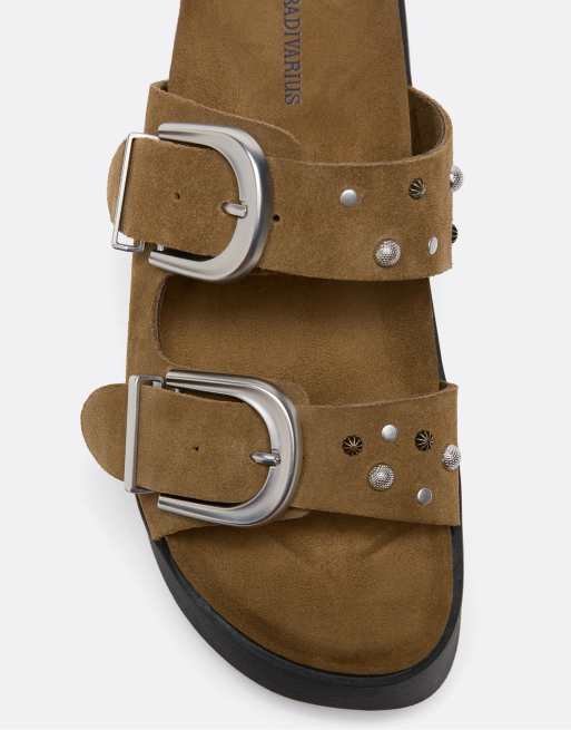 Stradivarius – Beige flatform-sandaler i läder, 4 av 4