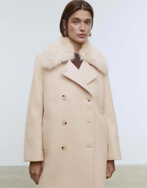 Stradivarius - Beige frakke med filttekstur og krave i imiteret pels - view 1