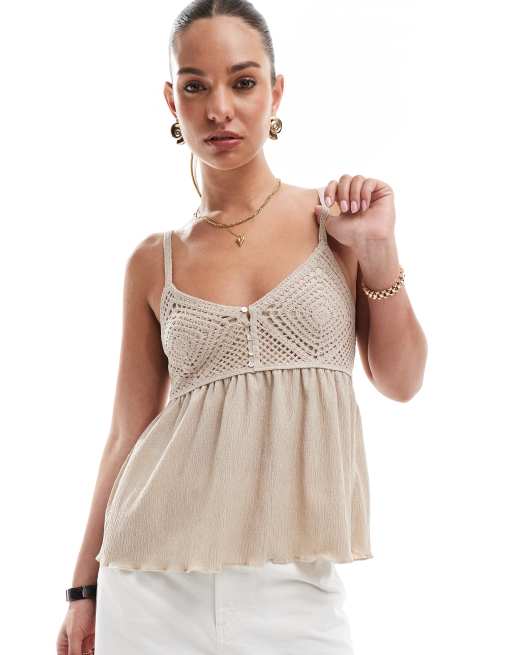 Stradivarius - Beige hæklet swing-top med cami-stropper