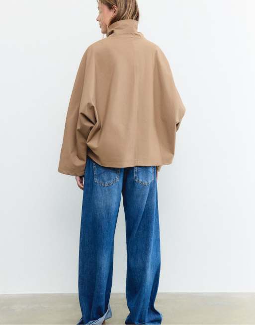 Stradivarius - Beige kort oversized trenchcoat med hætte, 4 af 4