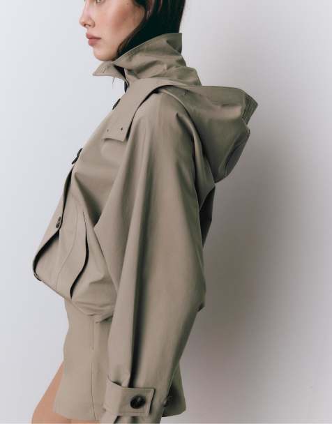 Stradivarius – Beige, kort trenchcoat med puffärmar och avtagbar huva - view 1