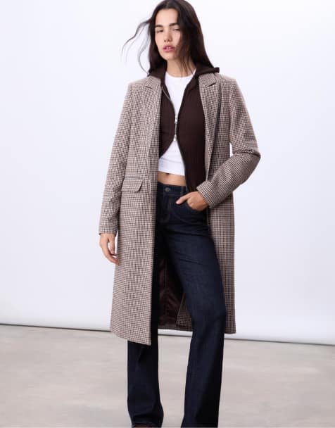 Stradivarius – Beige, lång, mönstrad kappa i rak passform - view 1