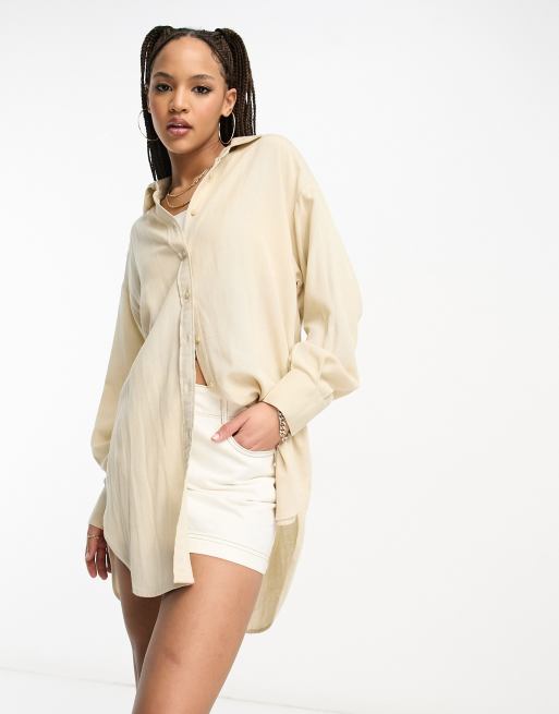 Stradivarius – Beige linneskjorta i oversize 