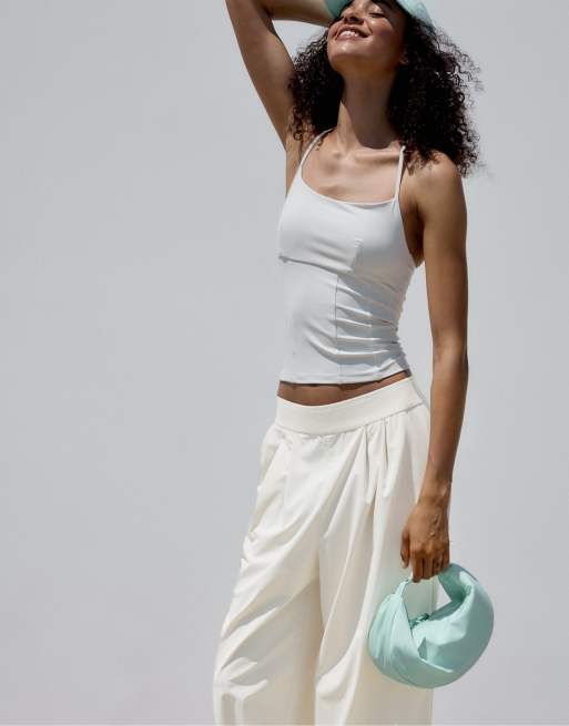 Stradivarius – Beige mjukisbyxor i palazzo-stil med elastisk midja, 4 av 4