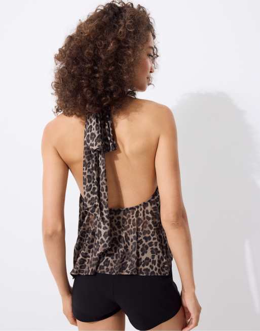 Stradivarius – Beige, mönstrad scarftopp i tyll med halterneck, 3 av 7