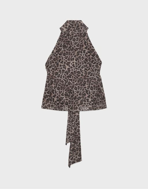 Stradivarius – Beige, mönstrad scarftopp i tyll med halterneck, 6 av 7