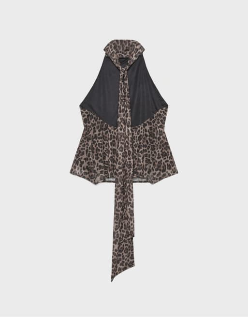 Stradivarius – Beige, mönstrad scarftopp i tyll med halterneck, 7 av 7