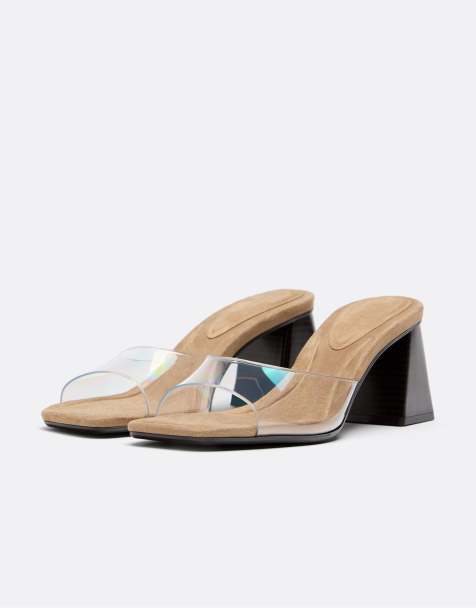Stradivarius – Beige och genomskinliga sandaler med blockklack - view 1