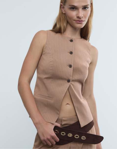 Stradivarius – Beige, randig kostymväst med knäppning och regular fit - view 1