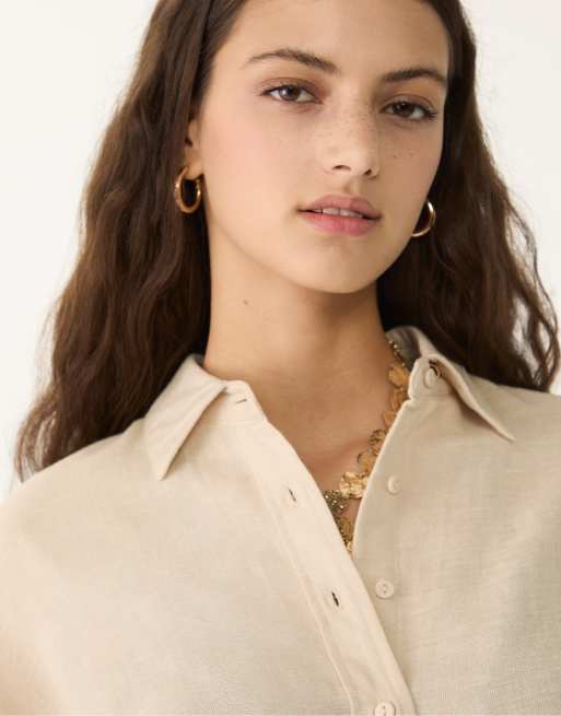 Stradivarius - Beige skjorte i hørblanding, 2 af 4