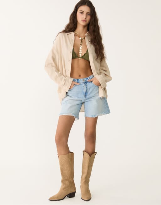 Stradivarius - Beige skjorte i hørblanding, 4 af 4