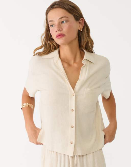 Stradivarius - Beige skjorte med korte ærmer i hørblanding