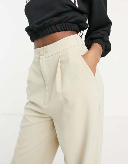 Stradivarius – Beige skräddade byxor i avslappnad dad-modell med vida ben, 3 av 4