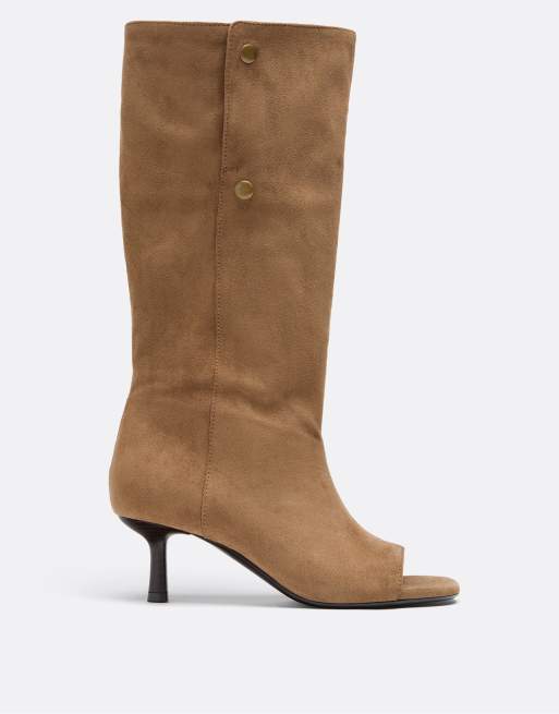 Stradivarius – Beige, slouchy boots i läder med öppen tå och stilettklackar, 4 av 7