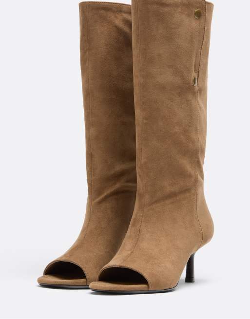 Stradivarius – Beige, slouchy boots i läder med öppen tå och stilettklackar, 5 av 7