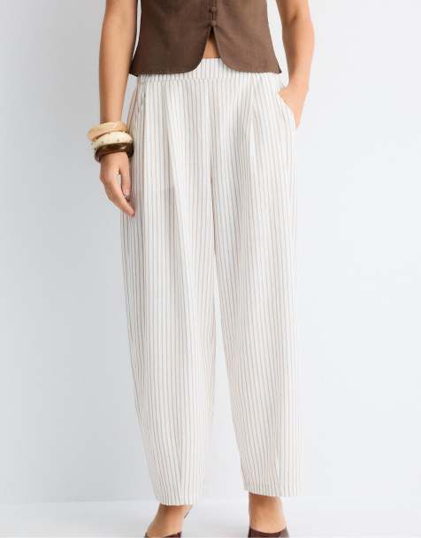Stradivarius - Beige stribede bukser med flagrende barrel-ben - view 1