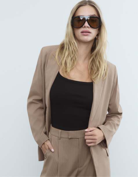 Stradivarius – Beige, strukturrandig kavaj med öppen design - view 1