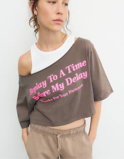 Stradivarius – Beige t-shirt med dubbelt tryck - view 1