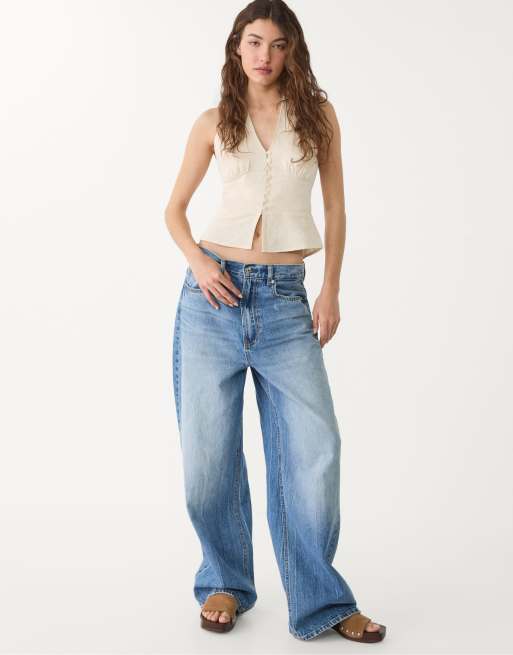 Stradivarius - Beige top med knapper og halterneck i hørblanding, 4 af 4