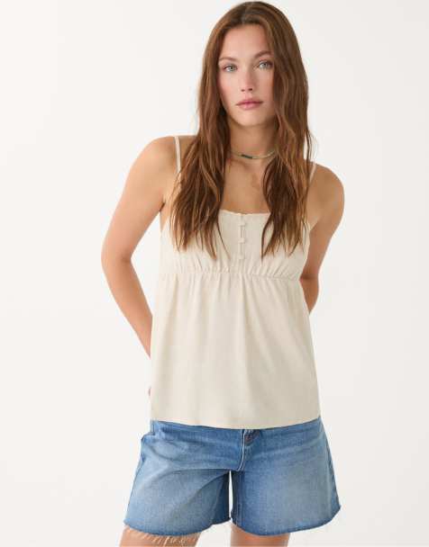 Stradivarius - Beige top med tynde stropper i hørblanding - view 1